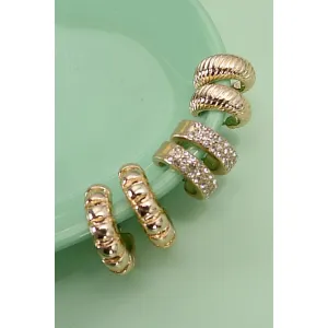 Trio Rhinestone Textured Huggie Hoop Earrings