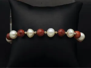 Vintage 14K Gold Red Coral and Cultured Pearl Bracelet