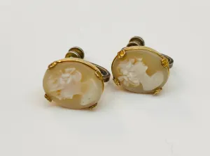 Vintage 1940s Gold Screwback Pink Oval Cameo Earrings