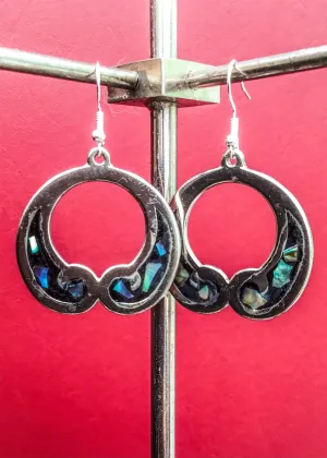 Vintage 80s Silver Hoop Dangle Earrings with Abalone | Hook Earrings