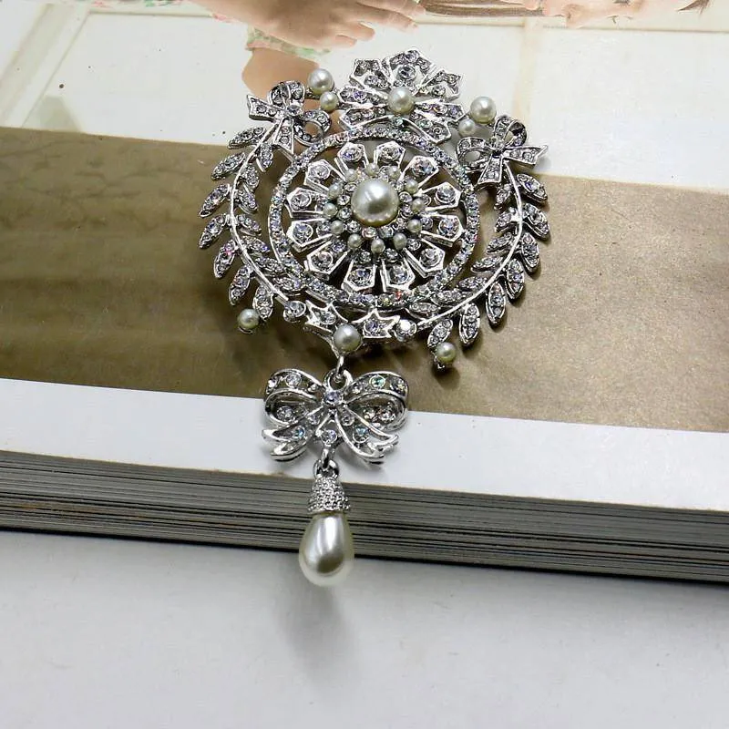 Vintage Baroque Rhinestone Silver Brooch / Pin With Pearl Drop