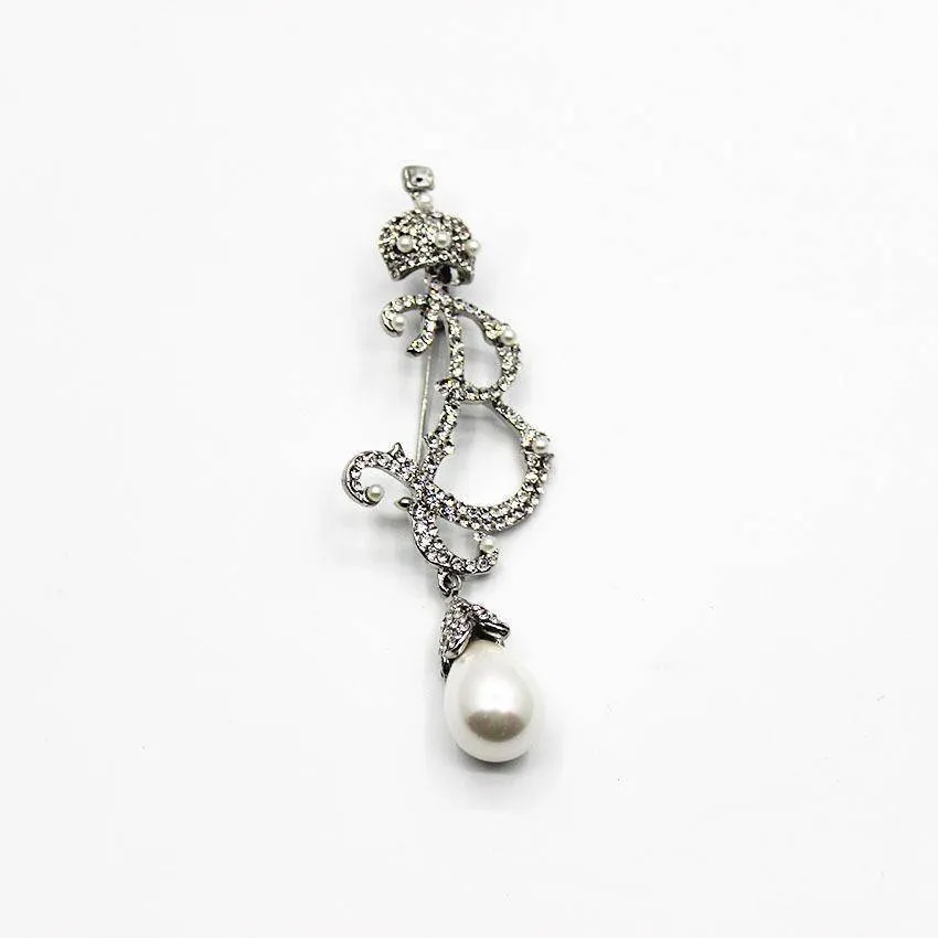 Vintage Baroque Rhinestone Silver Brooch / Pin With Pearl Drop