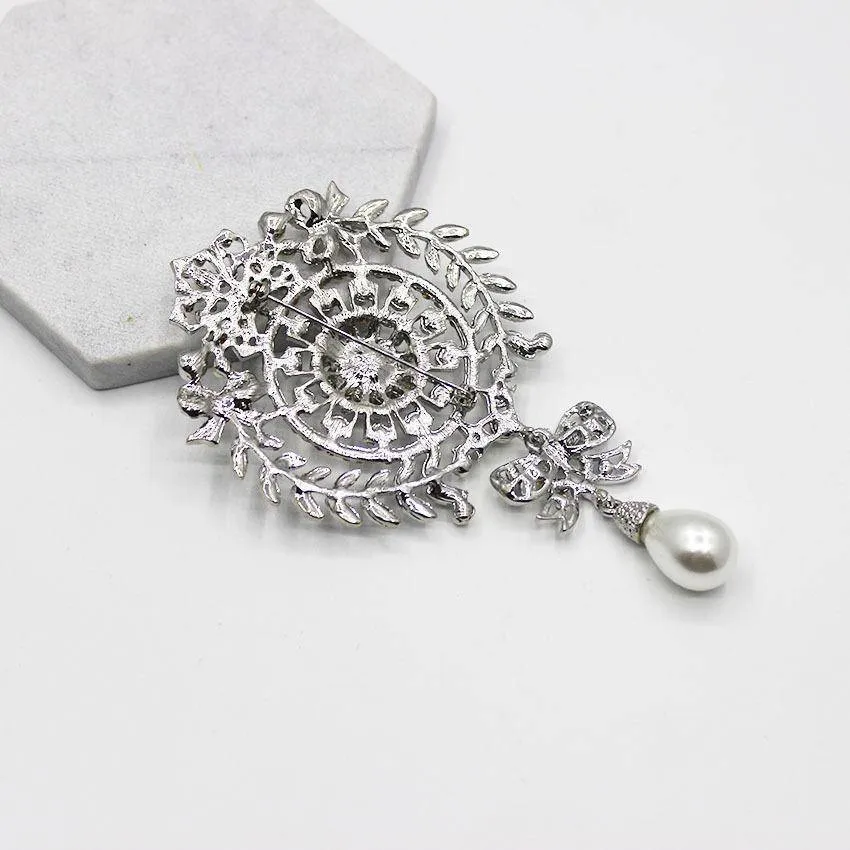 Vintage Baroque Rhinestone Silver Brooch / Pin With Pearl Drop