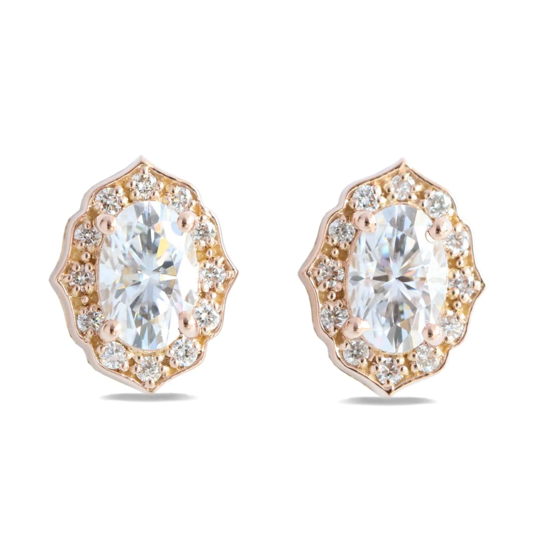 Vintage Floral Oval Halo Earrings w/ Moissanite and Diamond in Gold Studs