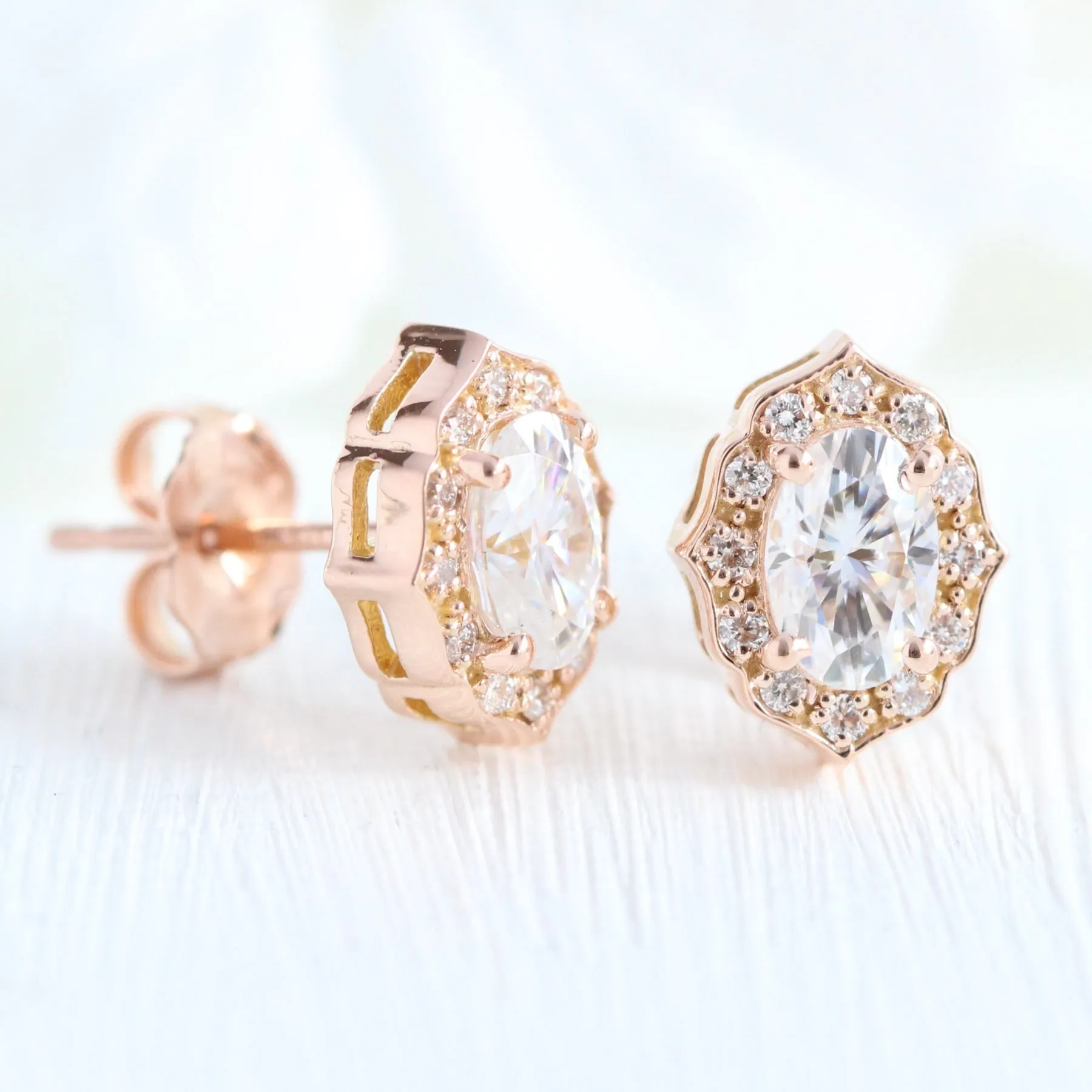 Vintage Floral Oval Halo Earrings w/ Moissanite and Diamond in Gold Studs