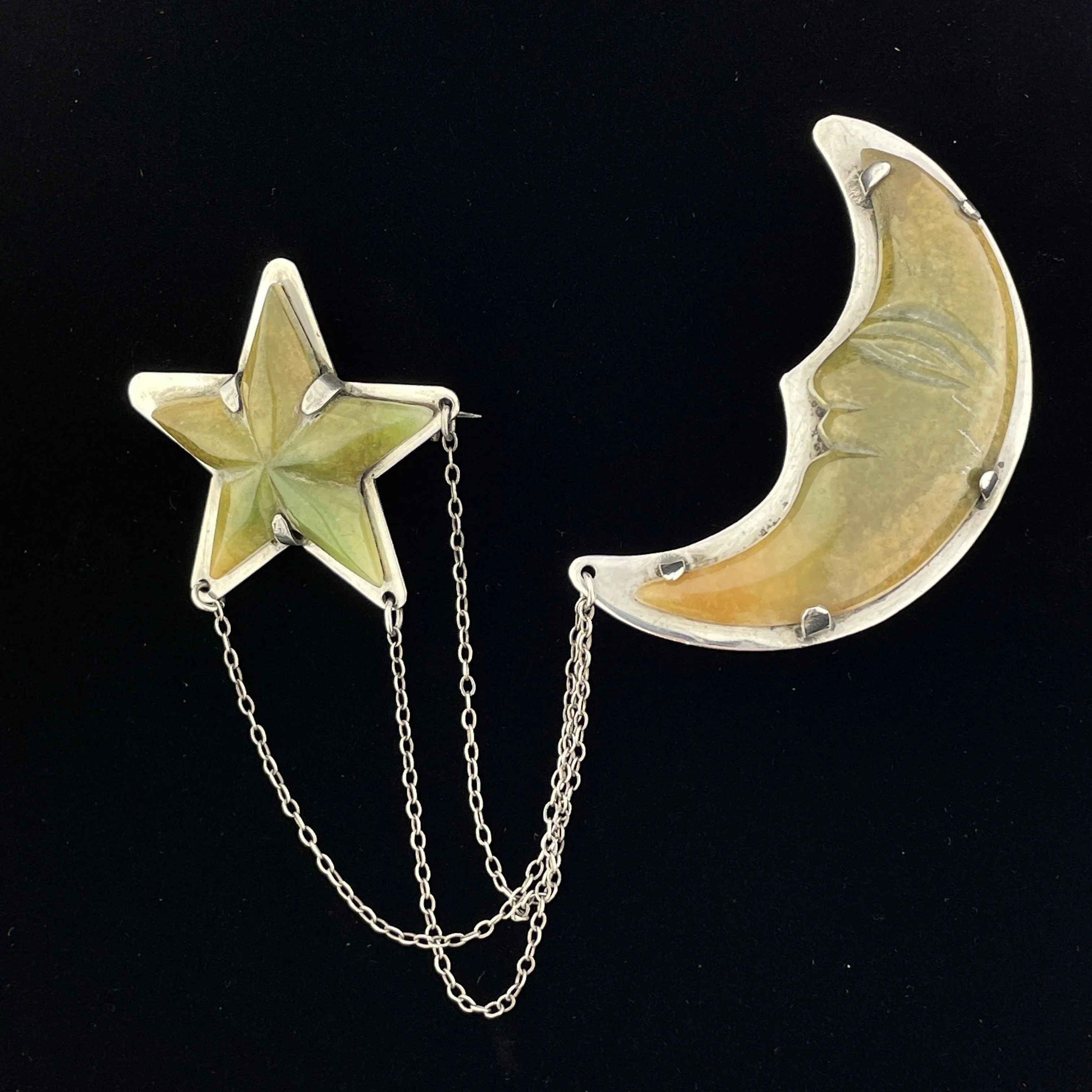 Vintage Mexico Silver Agate Star and Moon Triple Chain Brooch