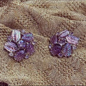 Vintage Schiaparelli Clip on Earrings Purple leaf glass