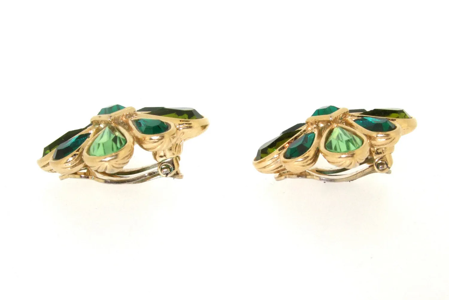 Vintage Yves Saint Laurent Earrings Gold and Green Crystal Clip Ons