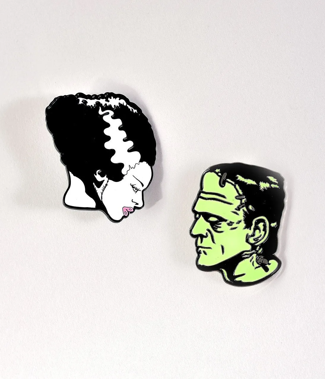 White & Green Bride & Frankenstein Glow-In-The-Dark Enamel Pin Set