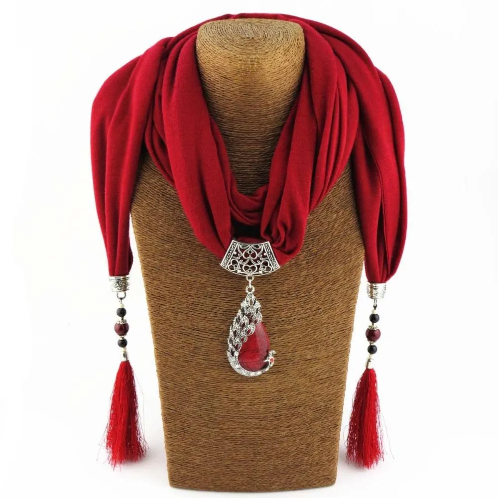 Women Scarf Pendant Necklace Nature Stone Fringe Tassel Scarf Jewelry