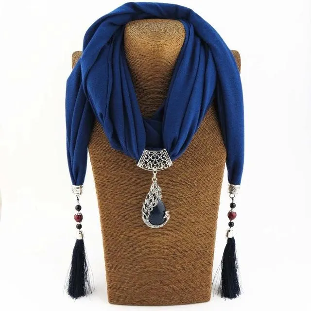 Women Scarf Pendant Necklace Nature Stone Fringe Tassel Scarf Jewelry