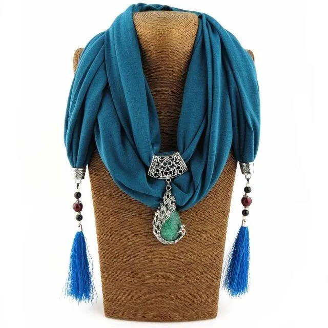 Women Scarf Pendant Necklace Nature Stone Fringe Tassel Scarf Jewelry