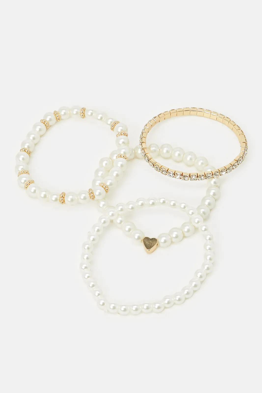 Women White And Gold Pearls Embellished Bracelets (4 Piece)